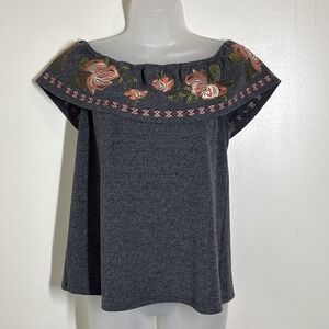 THML Blouse Top Floral Embroidered Trim Shirt Womens Size S Preppy Boho Artsy